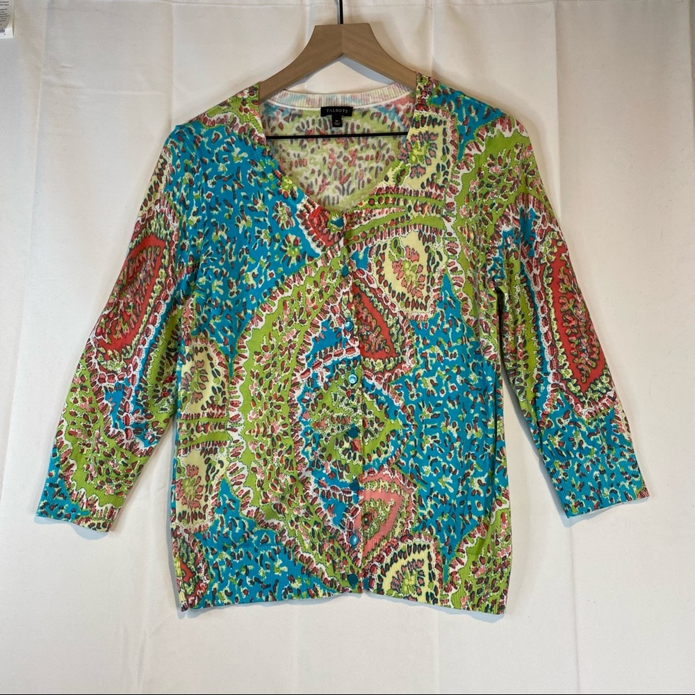 TALBOTS Women’s Size M Medium Sweater Cardigan 3/4 Sleeve Floral Mosiac - Picture 8 of 16